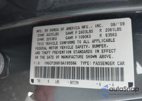 2009 Honda Accord 2.4 Ex-L z USA, uszkodzony, nr VIN 1HGCP26819A195584